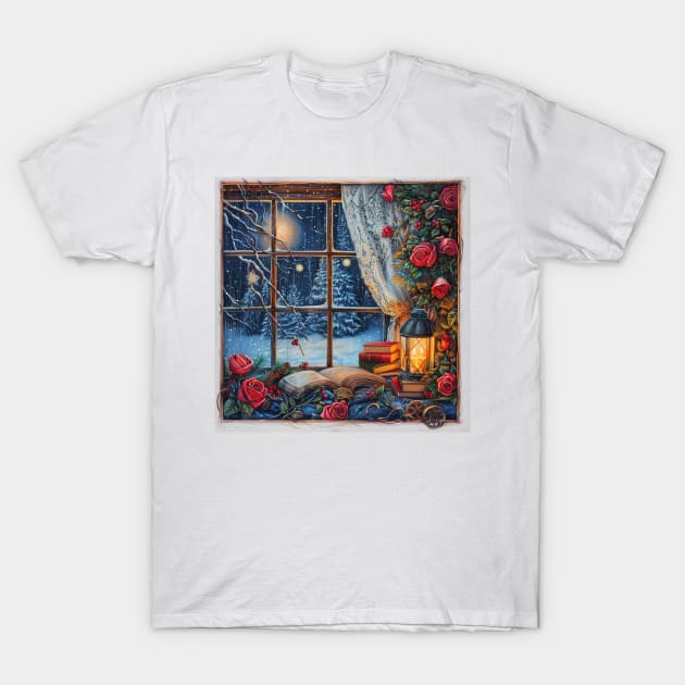 Fantasy winter starry night window T-Shirt by feafox92